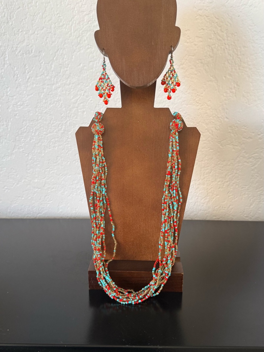 Turquoise & Coral Multi-Strand Beaded Necklace with Matching Earrings